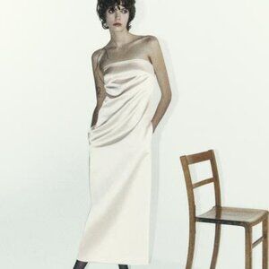 Champagne Satin Slip Dress Strapless Minimalist Midi Dress Size XS